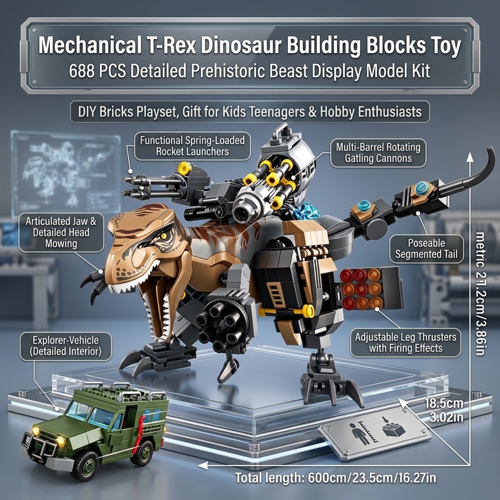 Model Kit Dinosaur - ชุดบล็อกไดโนเสาร์ไทแรนโนซอรัสเร็กซ์ 688 ชิ้น, ชุดโมเดลไดโนเสาร์, ของเล่น DIY
